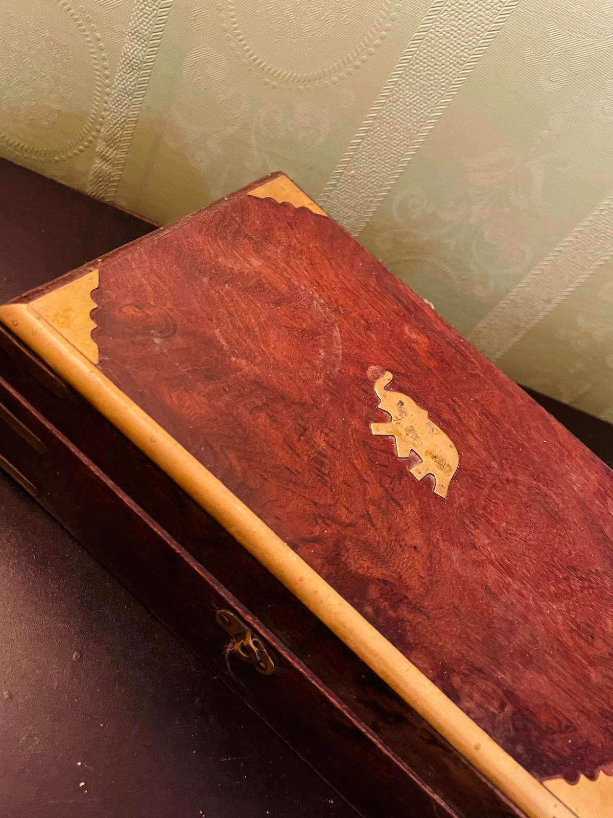 Vintage Wooden Jewellery Case with Brass Elephant Inlay