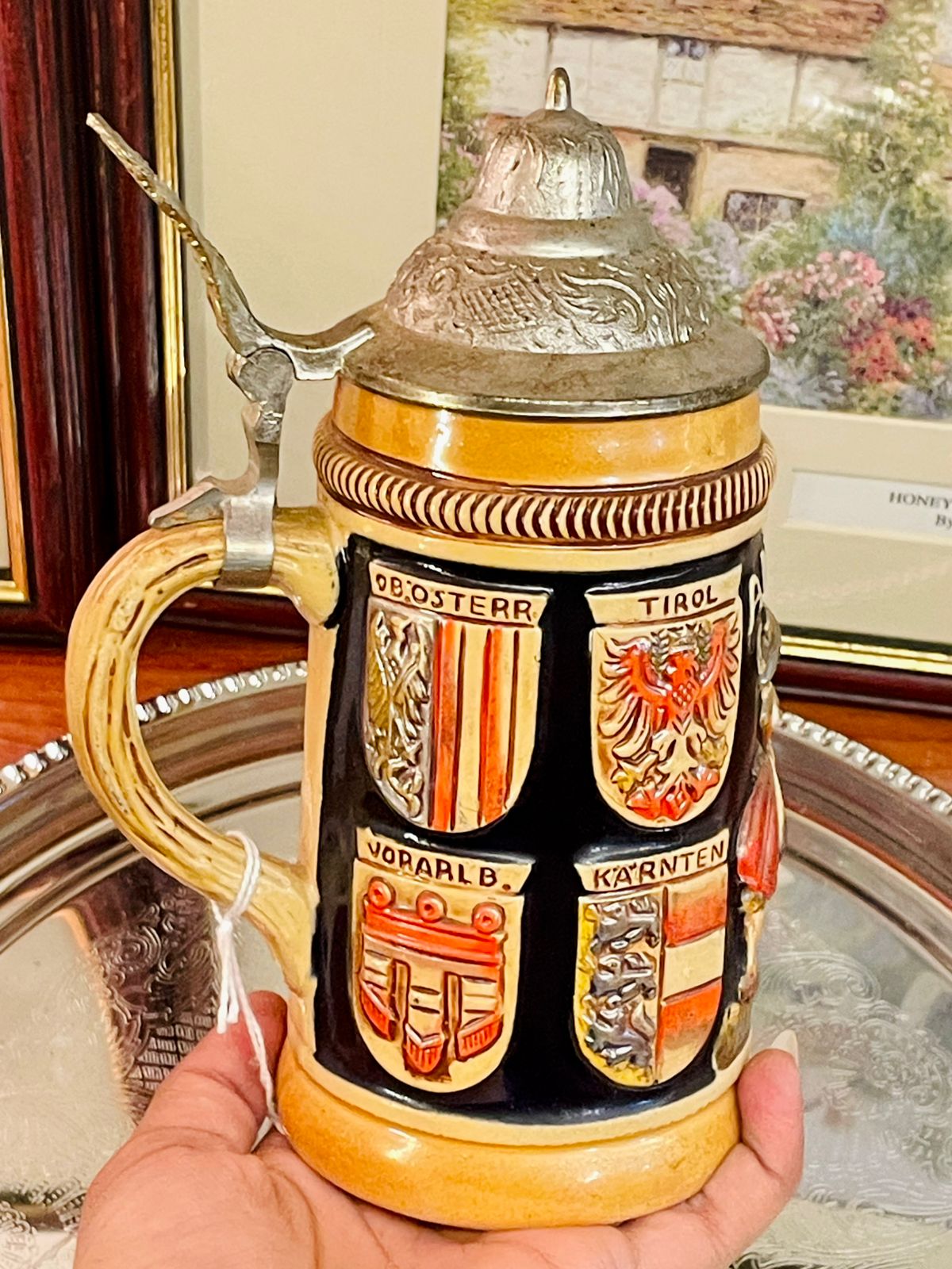 Vintage Stein, Austrian Stein, Pewter Lid Mug, Ceramic Beer Stein, Collectible Stein, European Barware, Rustic Home Decor
