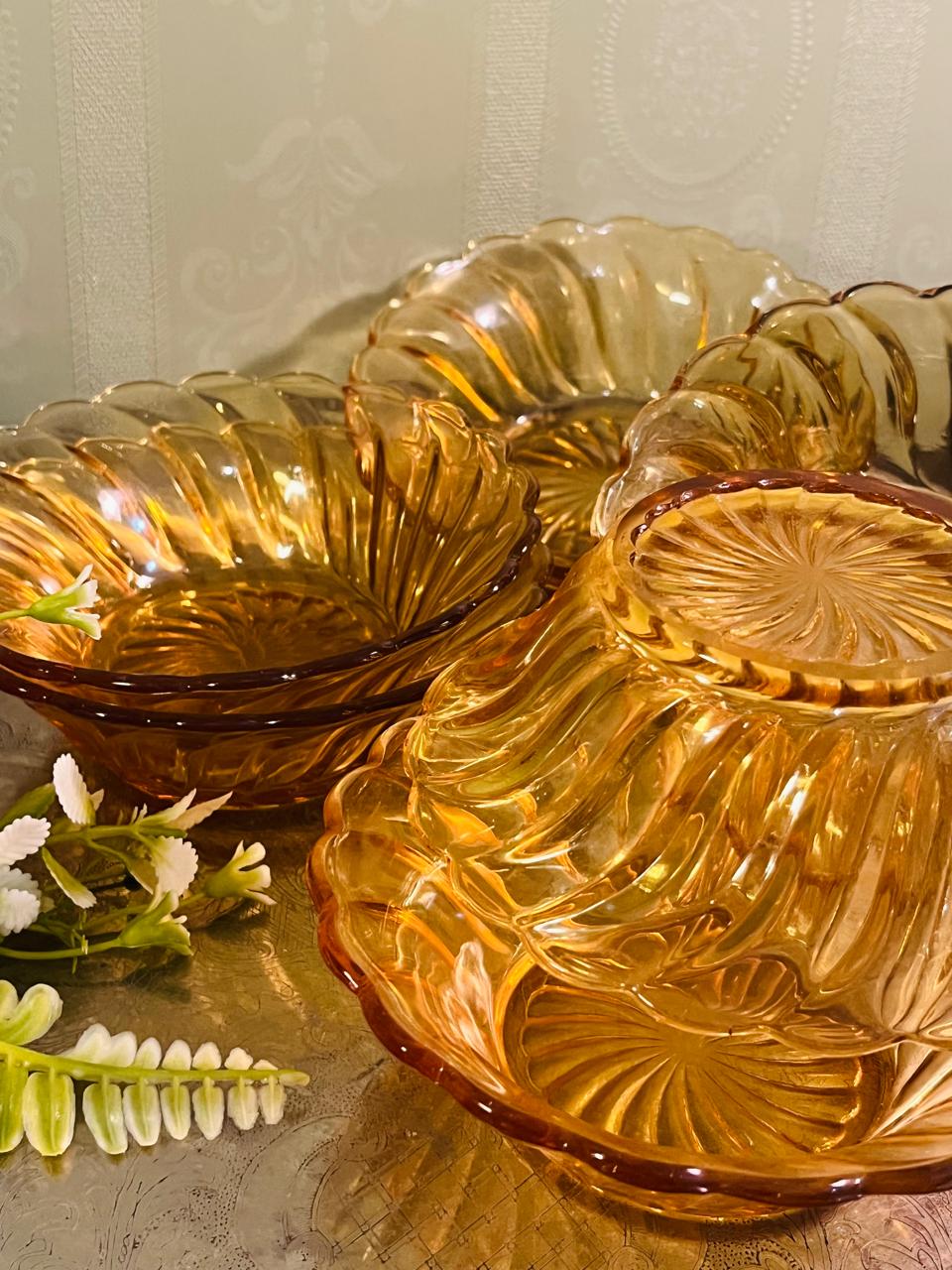 Vintage Amber Crystal Dessert Bowls Set of 6 – 13 cm Swirl Design