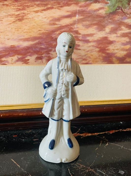 German porcelain figurine, antique blue and white collectible, porcelain man statue, vintage European decor, cobalt blue porcelain, German artistry collectible, colonial figurine, vintage home decor, rare thrift find, antique porcelain Germany, Sunset Kitchen vintage collection