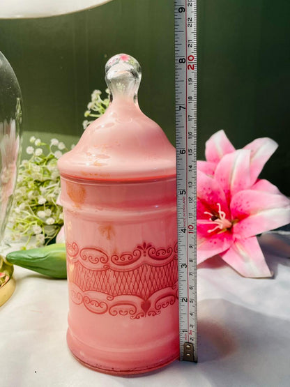 Pink Crystal Lidded Canister with Scroll Design 8 in
