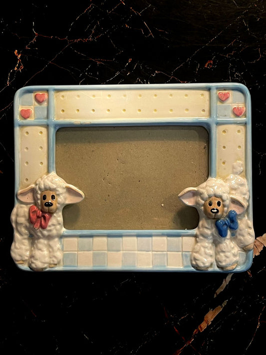 Vintage Lamb Photo Frame Blue Nursery Decor Kitsch Style