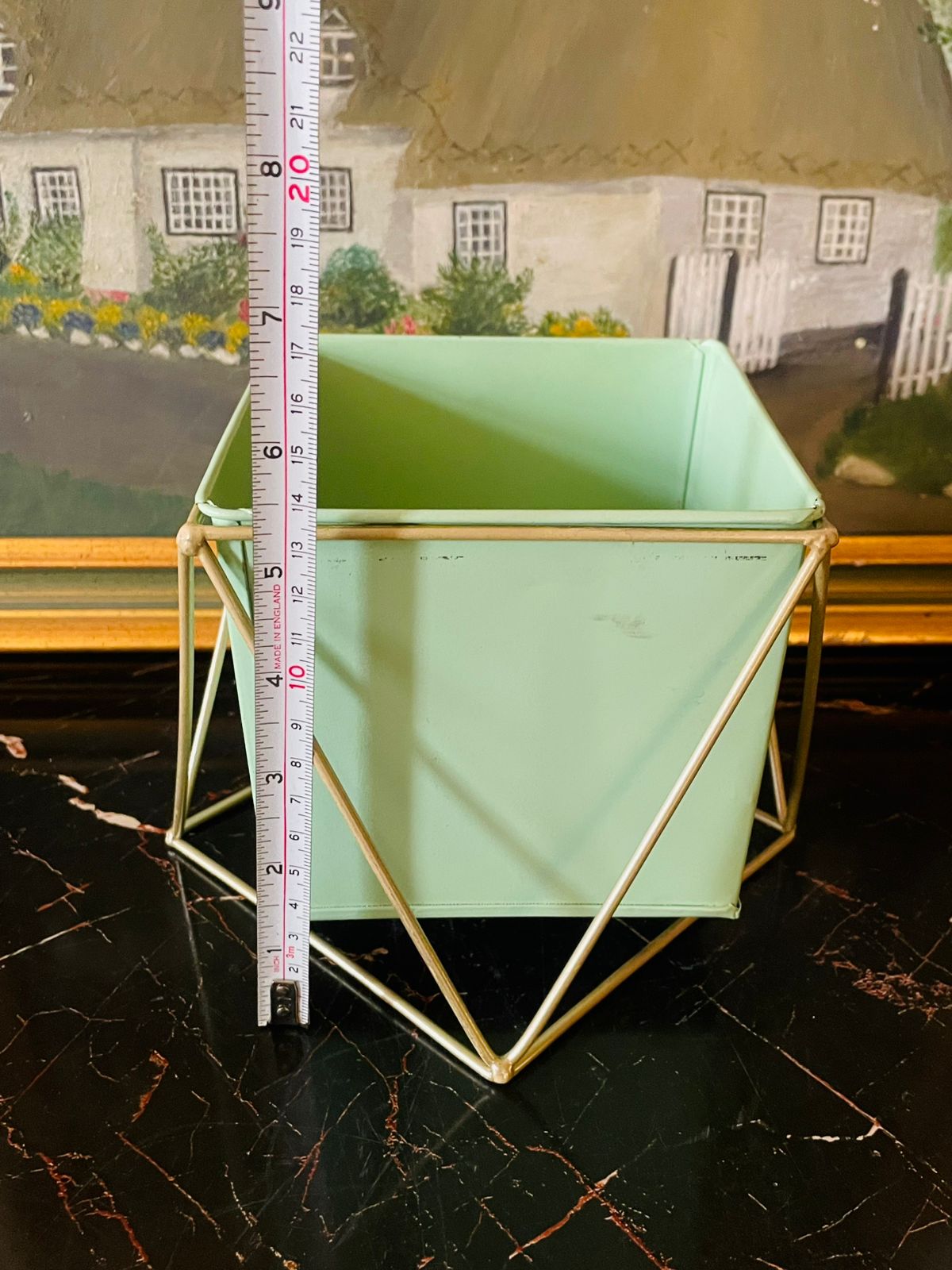 Modern Geometric Mint Green Metal Planter with Gold Stand – 7.5 Inch