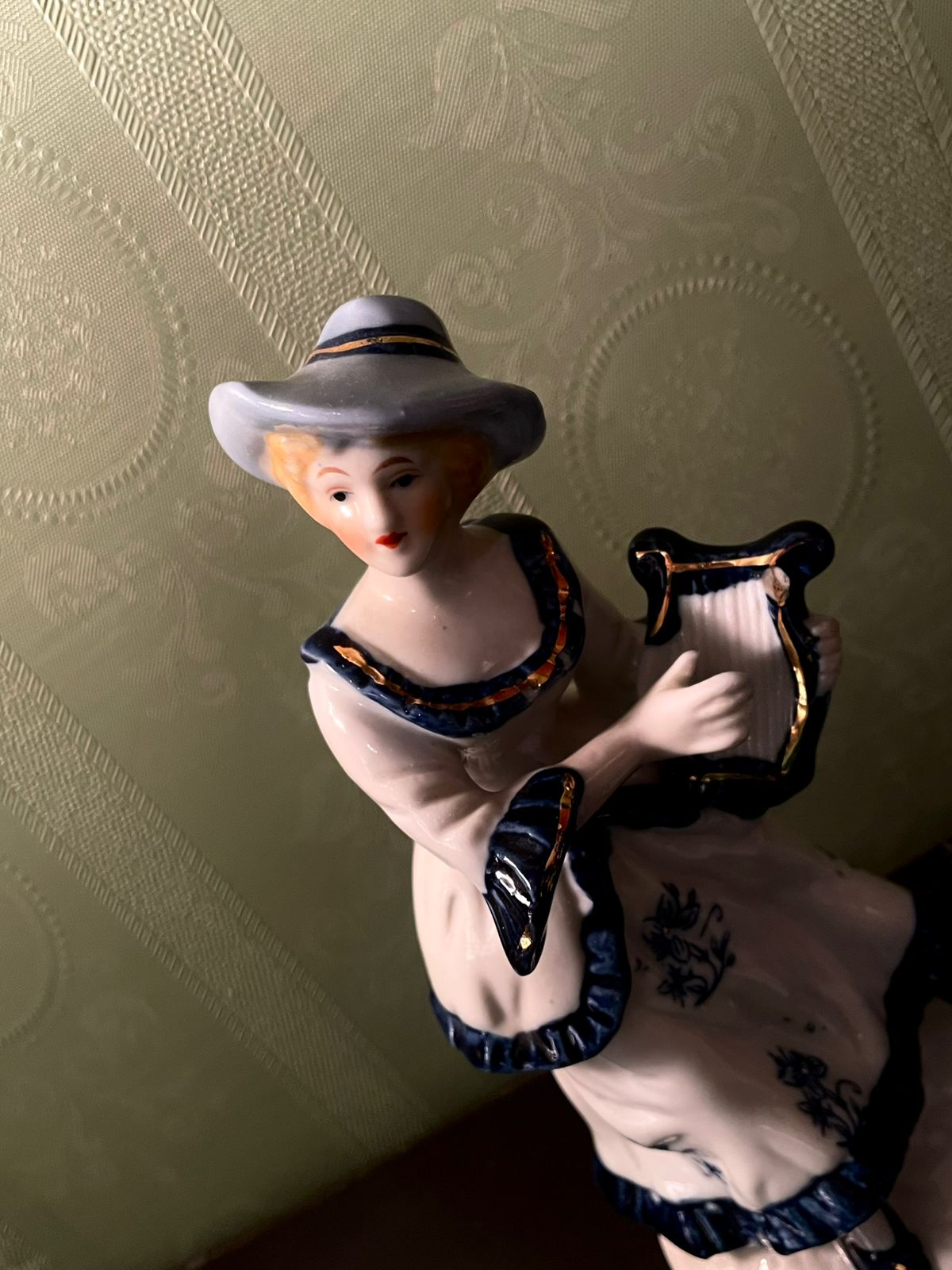 Vintage Porcelain Lady Figurine with Lyre 8 Inch