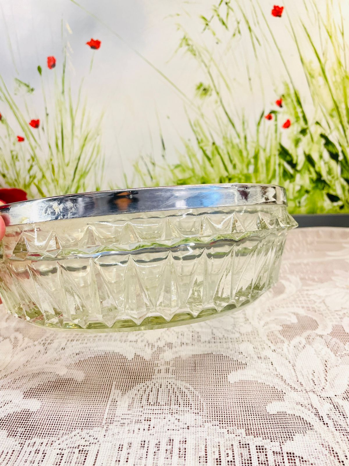 Vintage Large Cut Crystal Glass Bowl Silver Rim