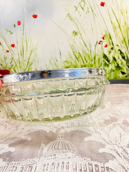 Vintage Large Cut Crystal Glass Bowl Silver Rim