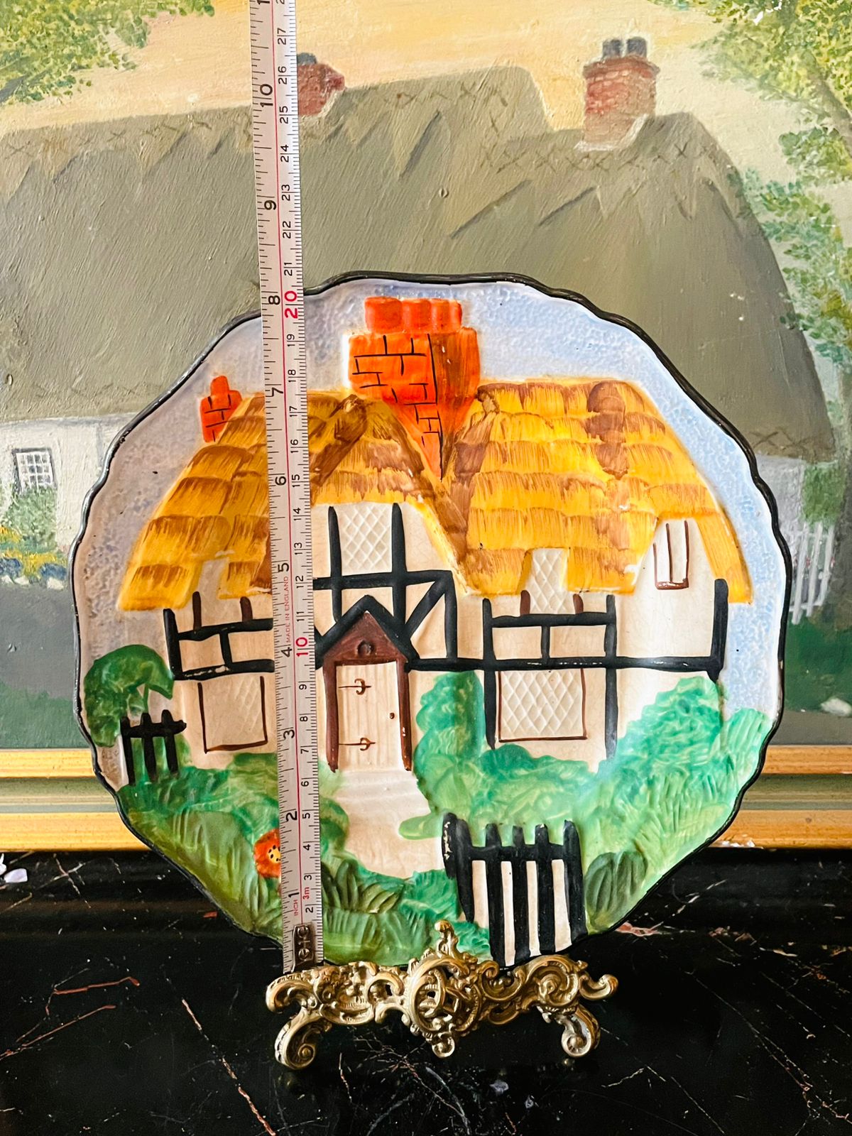 Vintage Hancock’s Ivory Ware “Thatched Cottage” Hand-Painted 3D Relief Plate – Made in England