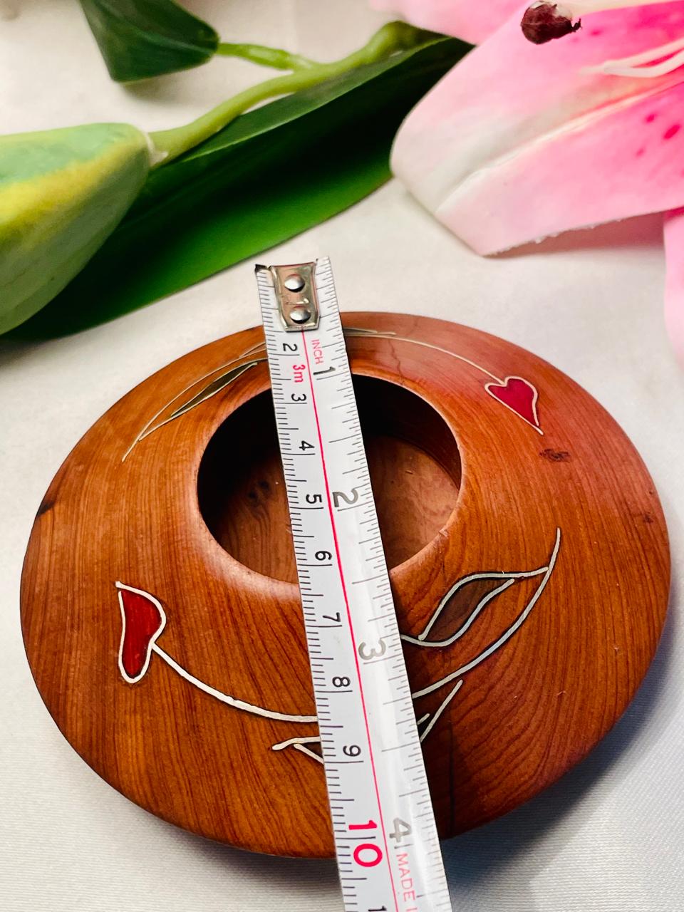 Decorative Wooden with Heart & Leaf Inlay Candle Holder 10 cm