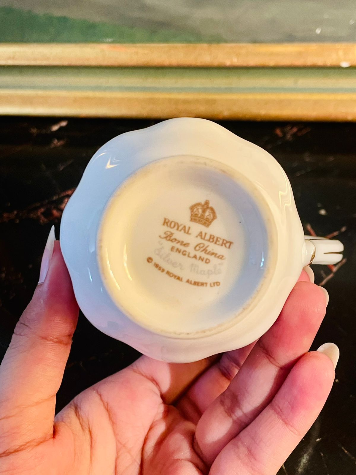 Royal Albert Vintage Fine Bone China Milk Jug / Creamer – Grey Leaf Floral Pattern with Gold Rim