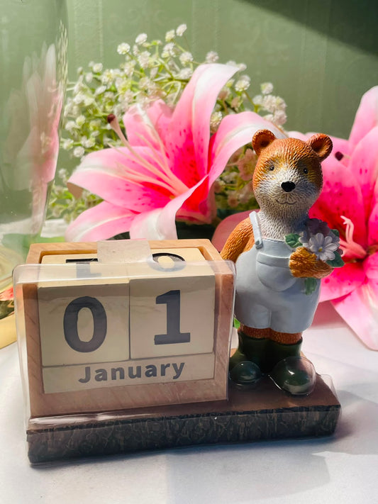Bear Figurine Perpetual Wooden Block Calendar with Flowers Approx. 13 cm