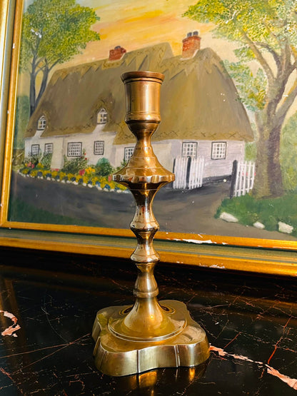 Vintage Brass Candlestick – Detailed Turned Mid-Section, Square Base
