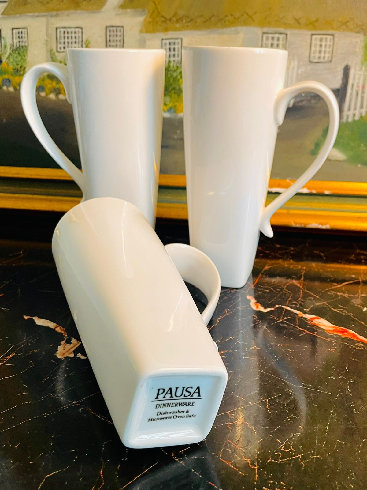 PAUSA Tall White Coffee Mugs – Modern Square Base Set of 3