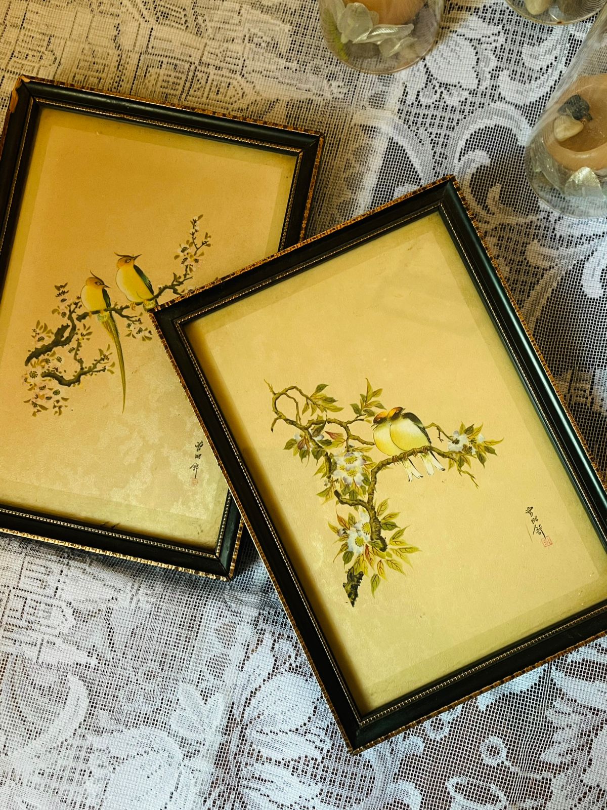 Set of 2 Asian Bird Art Paintings – Black Gold Framed Wall Décor