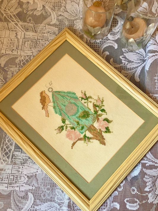 Vintage tree & bird crosstiched frame. wall decor frame