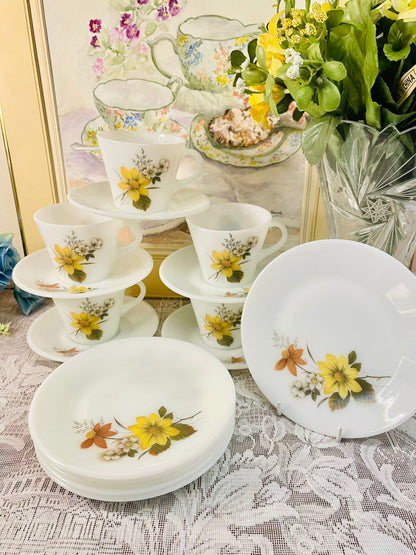 Vintage Pyrex England Yellow Floral Tea Set – Cups, Saucers & Plates