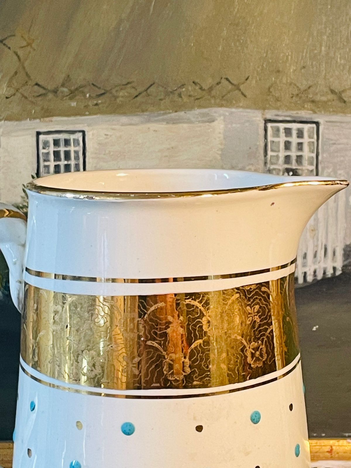 Vintage English Ceramic Jug with Gold & Turquoise Dot Design – 6 Inches Tall