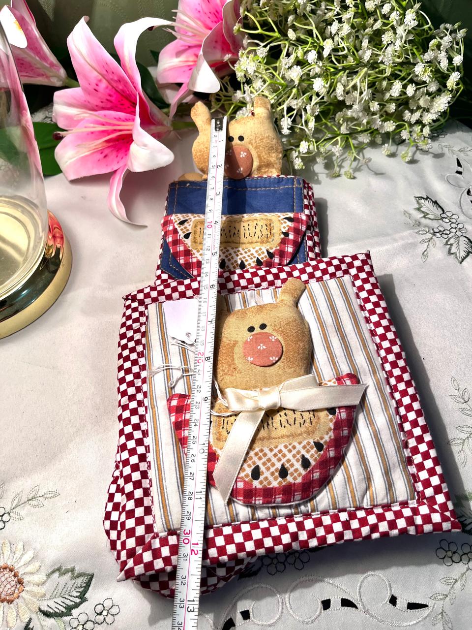 Fabric Bear Hanging Pocket Organizer Red Check 12 Inch