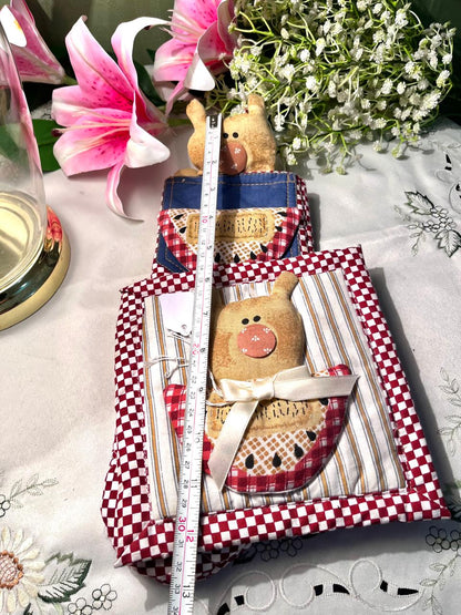 Fabric Bear Hanging Pocket Organizer Red Check 12 Inch