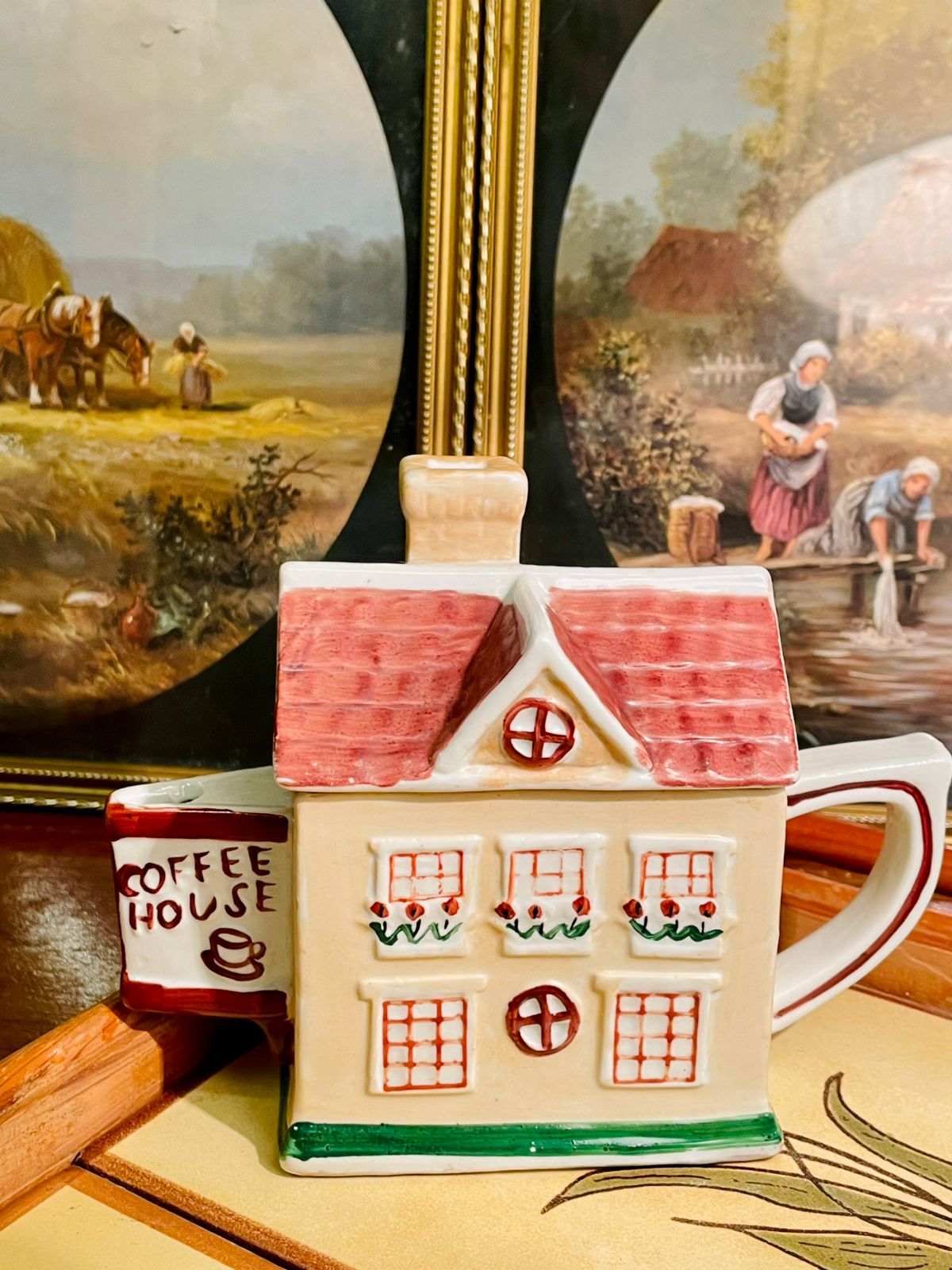 Vintage House-Shaped Coffee Pot – Hand-Painted Cottage Café Design