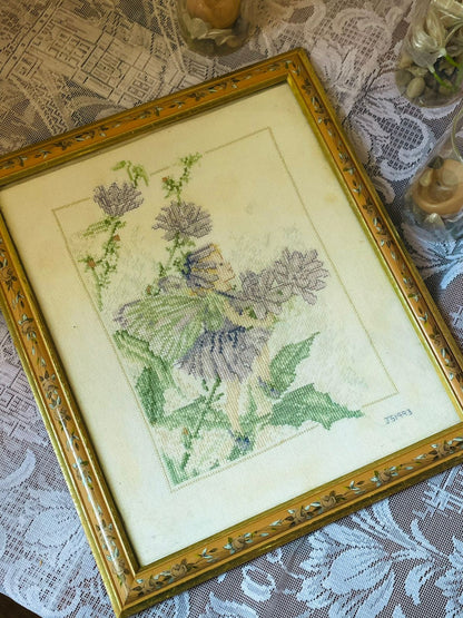 Fairy Cross-Stitch Art – Gold Framed Vintage Embroidery