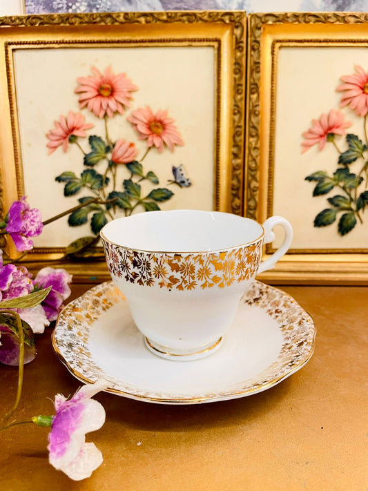 Vintage Bone China Teacup & Saucer – Gold Floral England