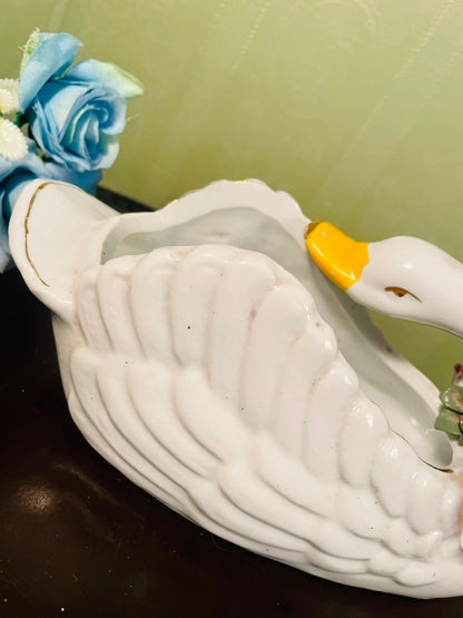 Vintage Swan Ceramic Planter with Floral Detail – 8 Inch
