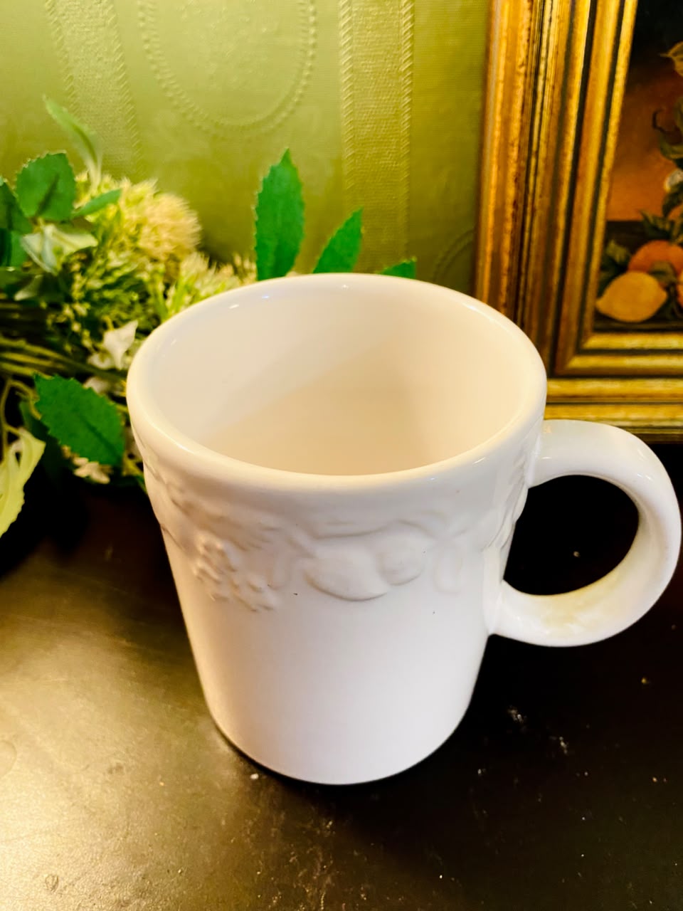 White Embossed Floral Ceramic Mug 5 Inch Cottage-Style Cup