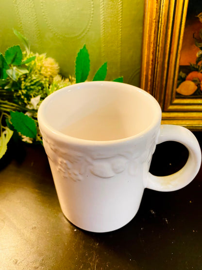 White Embossed Floral Ceramic Mug 5 Inch Cottage-Style Cup