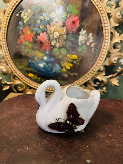 Vintage Porcelain Swan Vase with Butterfly Accent