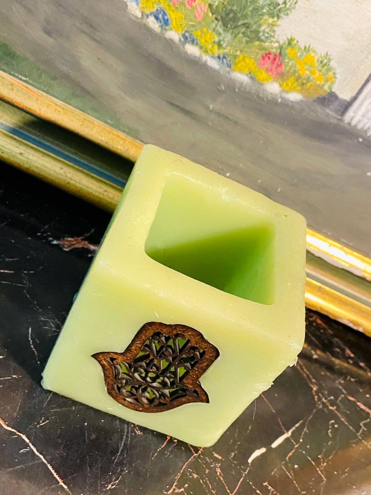 Square Green Wax Candle Holder with Metal Hamsa Motif — Boho Chic Decor