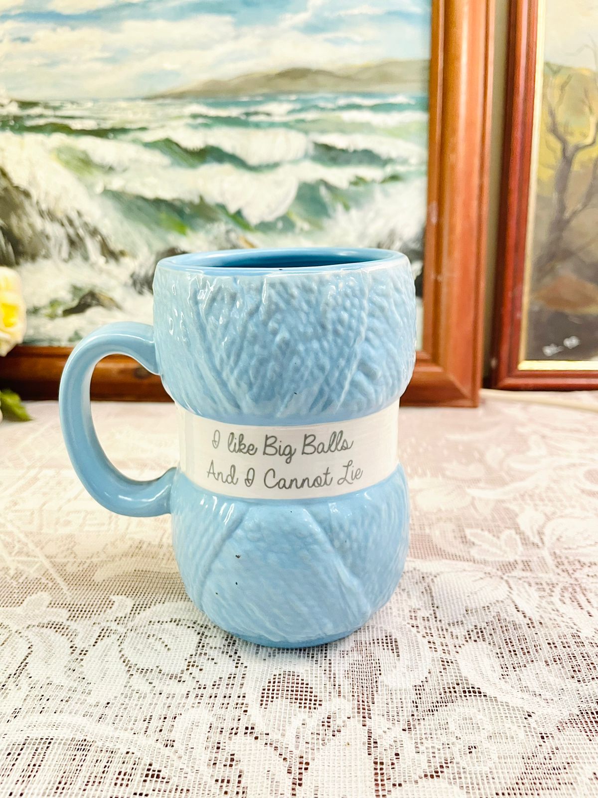 Blue Knitted Yarn Ball Ceramic Mug