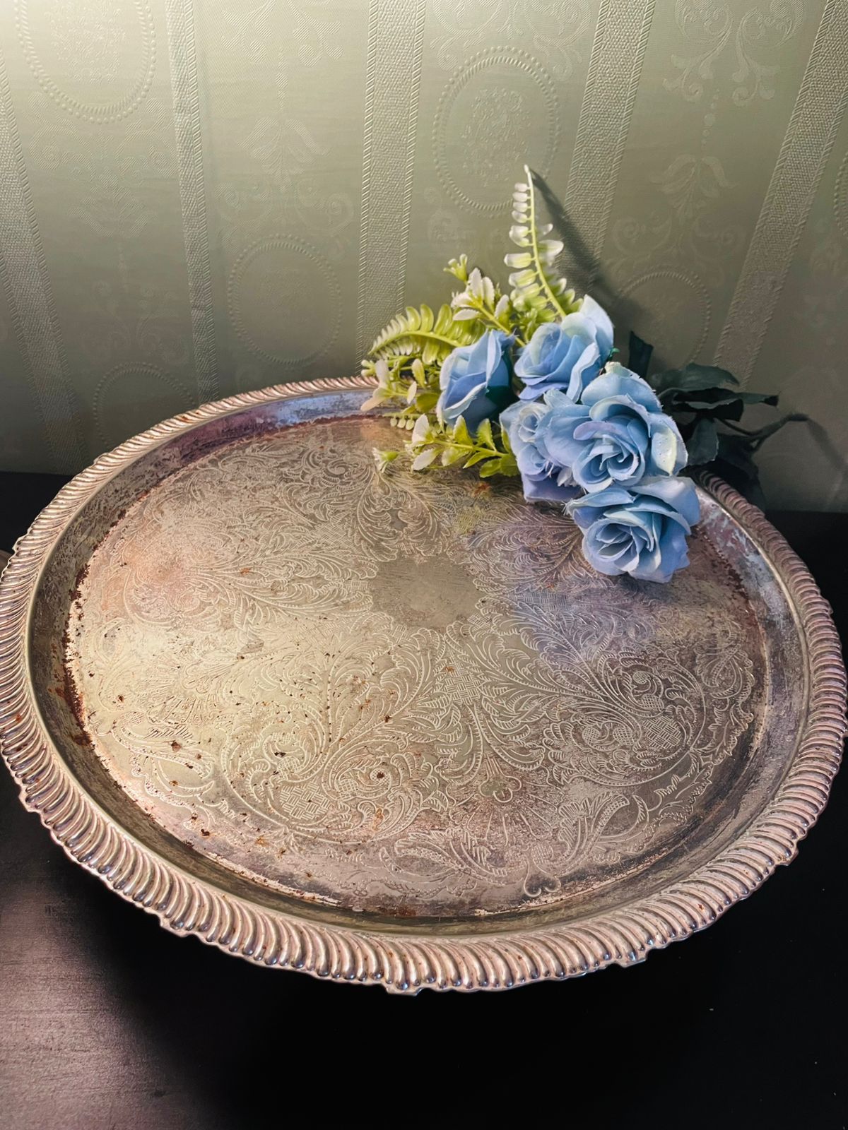 Vintage Silver Plated Round Serving Tray 14 Inch
