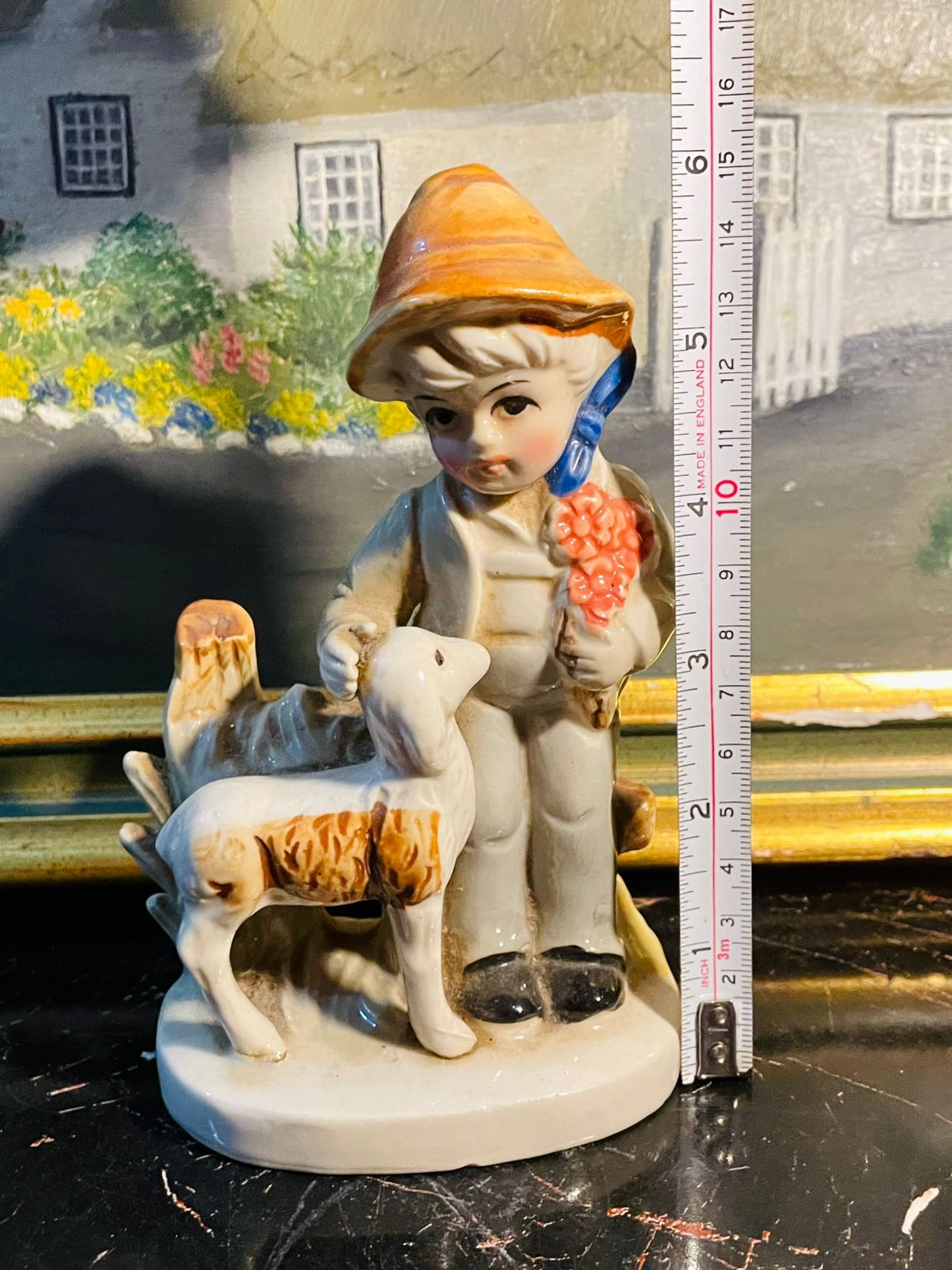 Vintage Porcelain Boy with goat Figurine — Hand-Painted Cottage-Style Charm