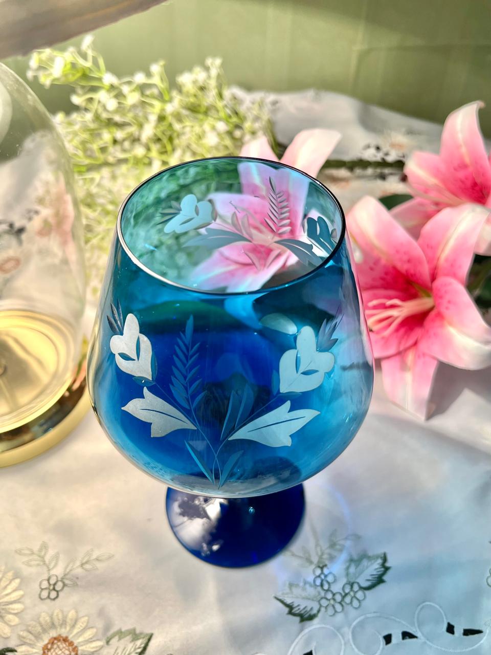 Blue Etched Crystal Goblet – Approx. 9 Inch