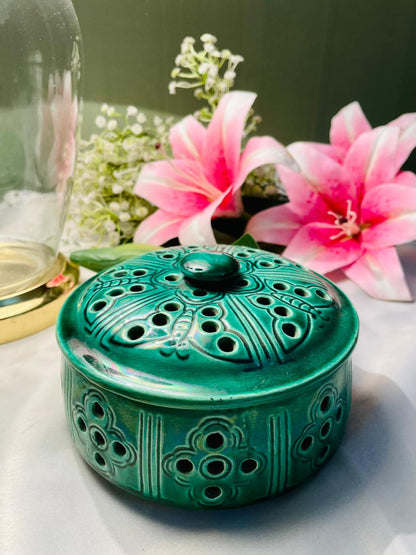 Green Pierced Ceramic Potpourri Bowl with Lid 5 in