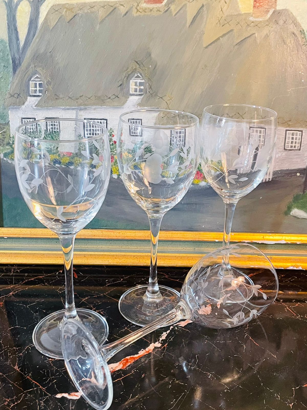 Set of 4 Vintage Etched crystal Glasses – Frosted Floral & Leaf Design