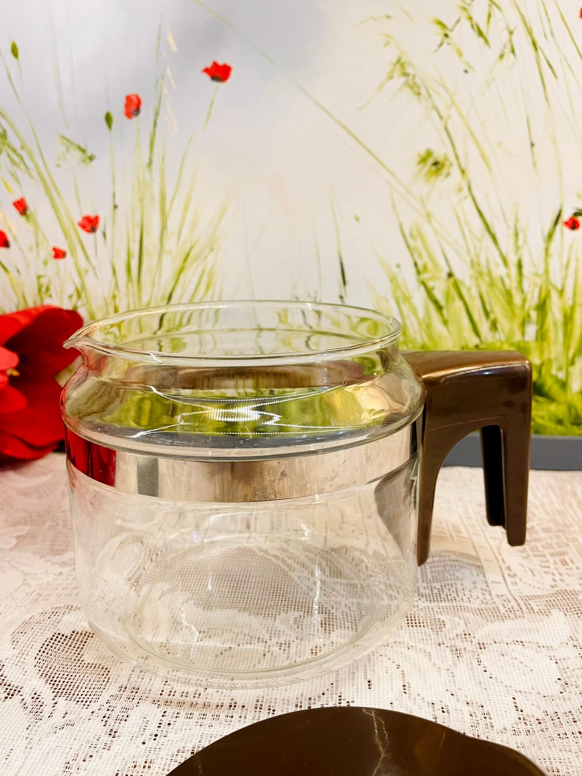 Vintage Glass Coffee Pot with Brown Lid and Handle