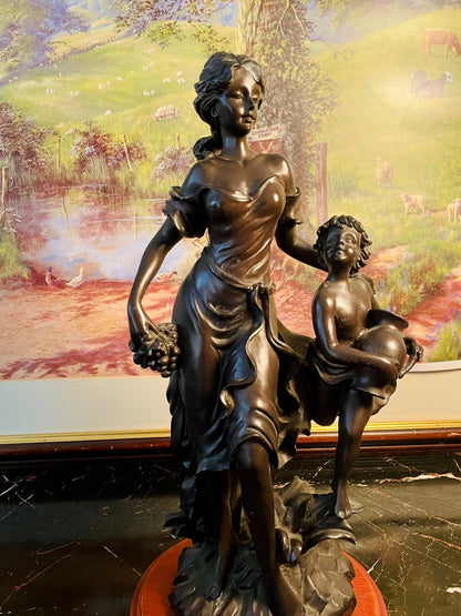 Rare find - Elegant Bronze-Style Woman & Child Figurine on Wooden Base, Stoneware Sculpture, Home Decor