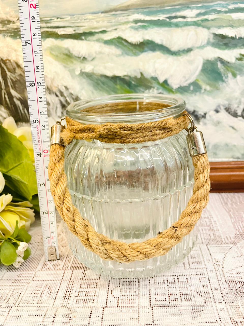 Ribbed Glass Lantern With Rope Handle