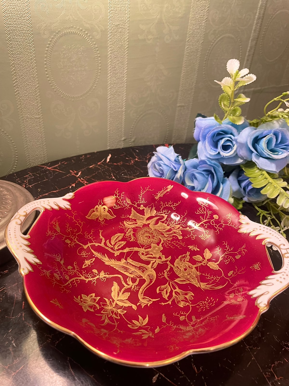 Coalport Red Chinoiserie Handled Dish 8 Inch