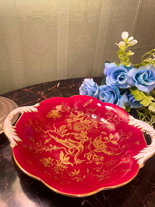 Coalport Red Chinoiserie Handled Dish 8 Inch