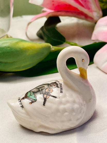 Vintage Ceramic Swan Figurine with Illustrated Transfer 8 cm