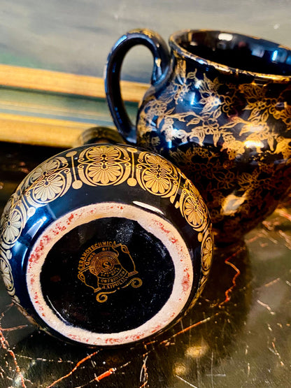 Set of 2 Greek Ceramotechnica Art Pieces – 24kt Black & Gold Jug and Vase Set (6–7 Inches Tall)