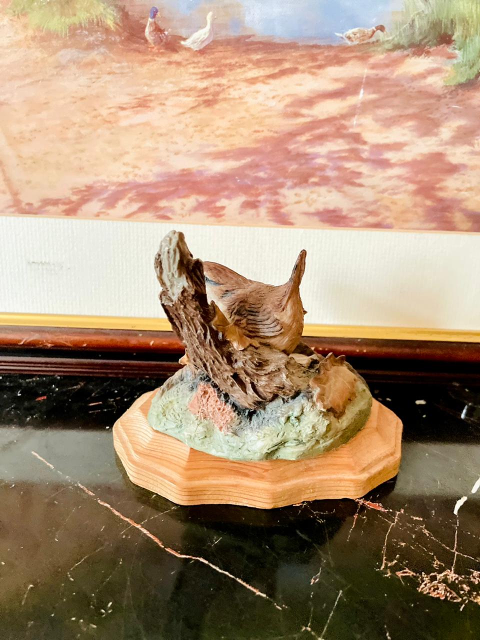 Vintage Bird Figurine on Wooden Base – Hand-Painted Collectible