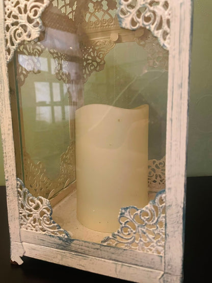 White Vintage-Style LED Lantern with Candle