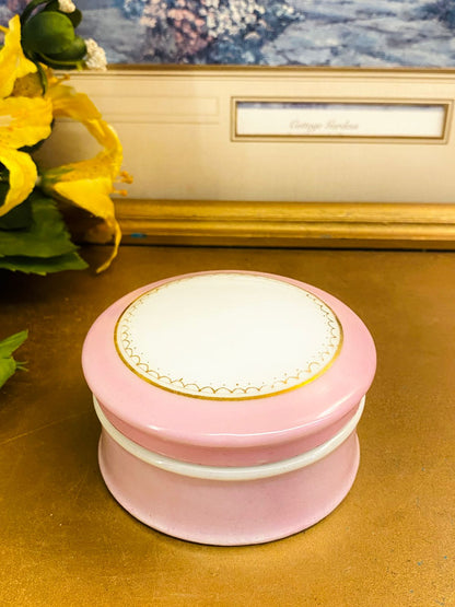 Vintage Pink Ceramic Trinket Box with Gold Trim