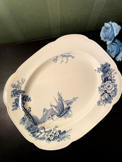 Vintage Blue Transferware Oval Serving Platter 14 Inch