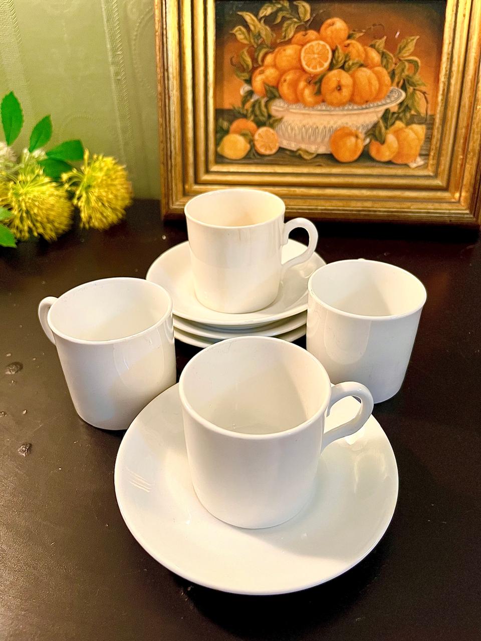 Vintage White Tea Cup & Saucer Set of 4 – Minimalist Ceramic Coffee Cups
