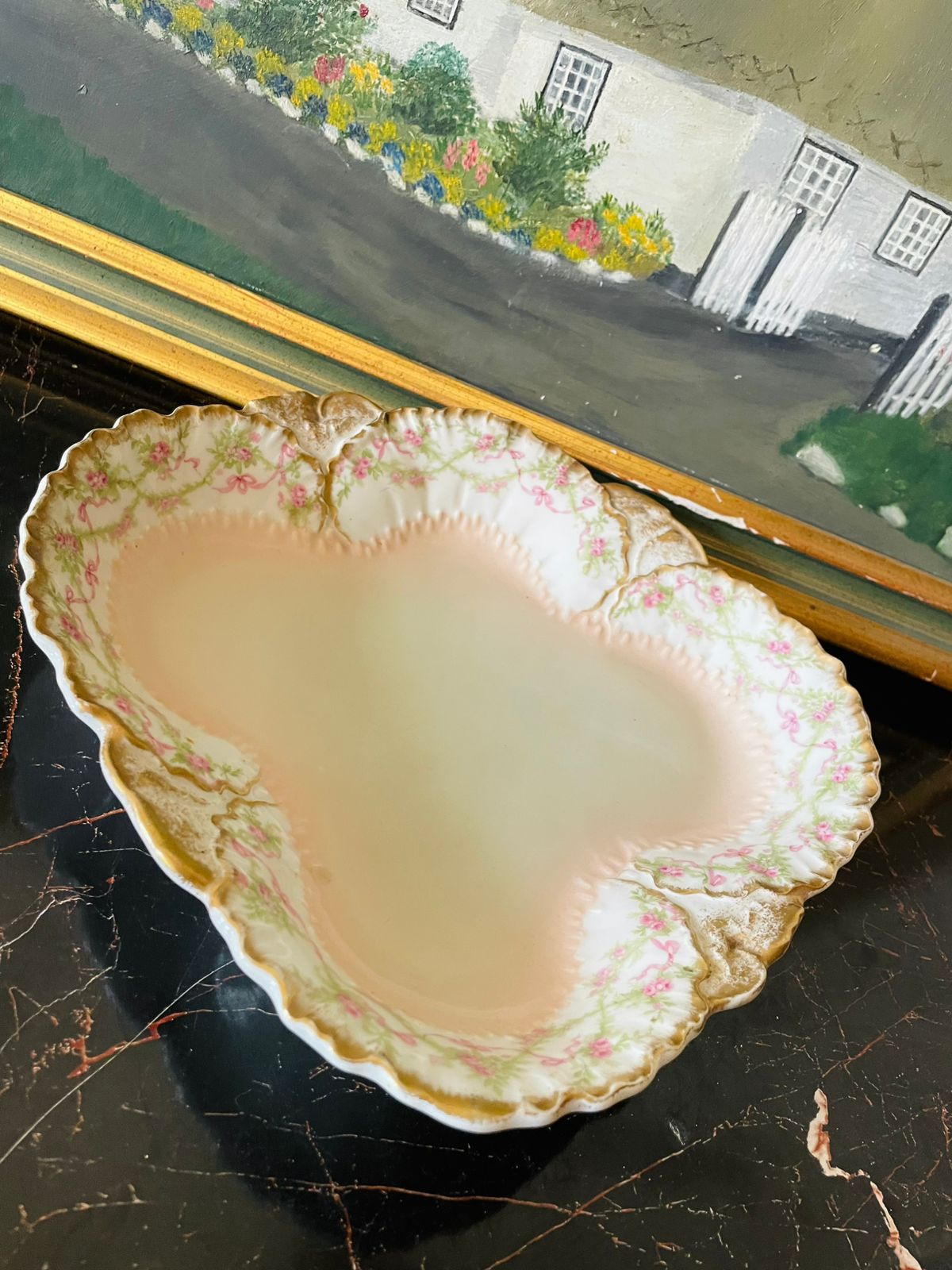 Limoges France porcelain, antique bowl, H.B. Limoges, hand-painted floral bowl, French porcelain dish, pink and gold bowl, vintage tableware, scalloped edge porcelain, collectible Limoges, romantic cottagecore decor, fine French china, antique serving bowl, Victorian style porcelain