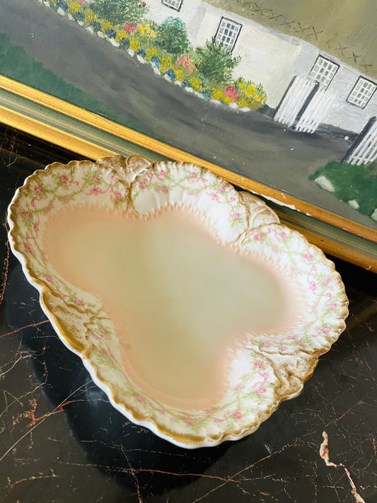Limoges France porcelain, antique bowl, H.B. Limoges, hand-painted floral bowl, French porcelain dish, pink and gold bowl, vintage tableware, scalloped edge porcelain, collectible Limoges, romantic cottagecore decor, fine French china, antique serving bowl, Victorian style porcelain